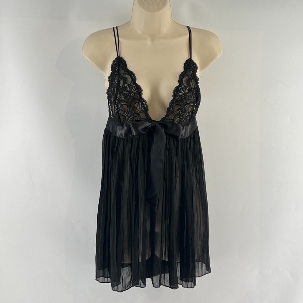 Victorias Secret Black Lace Babydoll Lingerie Pleated Chemise Slip XL Coquette